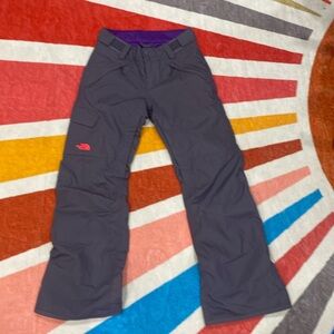 The North Face Dark Gray Boot-Cut Snow Pants with Purple Waist and Red Logo